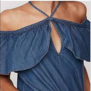 Express Denim Cold Shoulder Ruffle Top. Blue Chambray Halter Strap Top